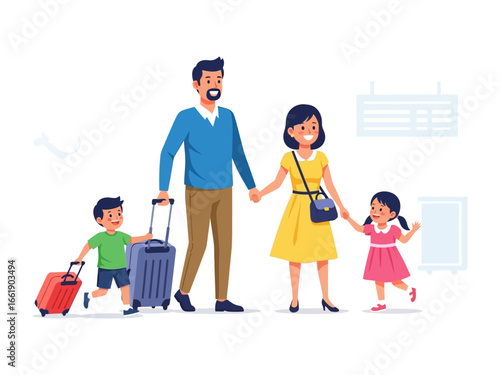 Family on a Journey: A happy family embarks on a travel adventure, their excitement and bond shining through as they stroll forward, carrying luggage in anticipation of the trip. 