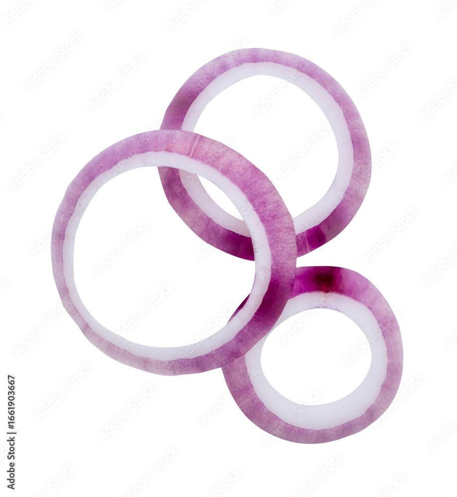 Obraz premium Top view of fresh red or purple Spanish onion rings or slices in stack isolated on white background with clipping path