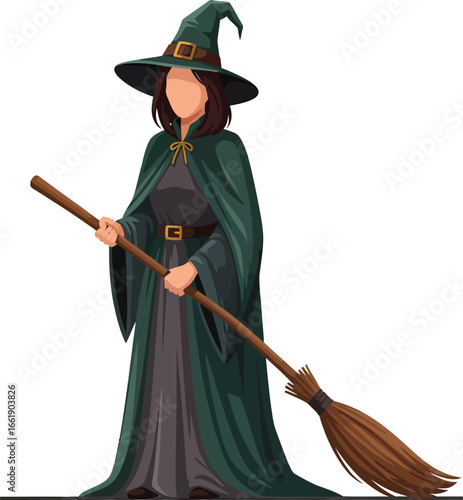 Stylized Witch in Green Robe Holding a Broomstick.