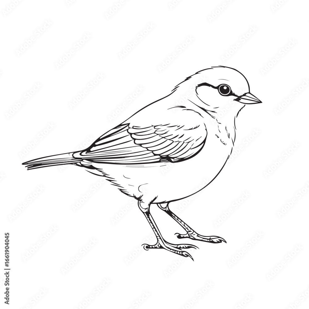 Obraz premium Vector art of elegant black and white illustration of a small bird, isolated on white background, captured in profile with delicate feather detail