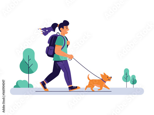City Stroll: A lady embarks on a relaxed, urban promenade with her jovial, leash-tethered canine companion, embodying leisure and companionship in a stylized, artful setting.
