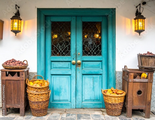 Teal double doors, adorned with decorative glass, framed by a whitewashed building, featuring baskets of fruit