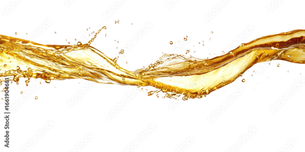 Fototapeta premium A golden liquid stream with splashes against a transparent background