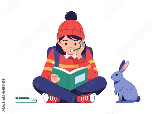 Young Scholar's Quiet Study: A young scholar, absorbed in thought, with a book and pencil, enjoys her quiet study session with rabbit.