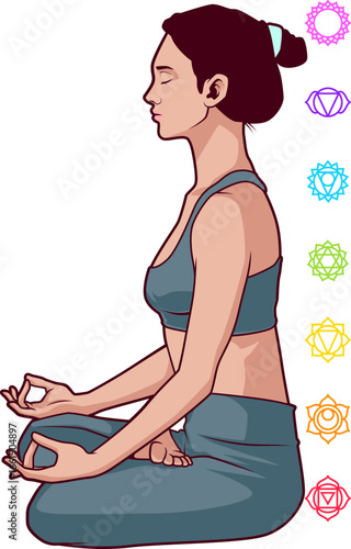 Meditierende weibliche Figur im Lotussitz mit sieben Chakra Symbolen entlang der Wirbelsäule
