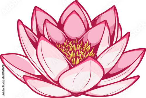 Farbig illustrierte Lotusblüte in Rosa mit gelbem Zentrum in geöffneter Ansicht

