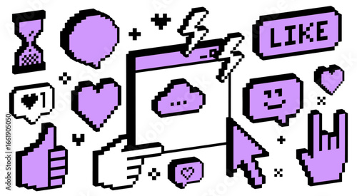 Old school pixel icons with 3d effect in purple color. Y2k collage stickers. Thumbs up, smile face, hearts, cursor hand, speech bubble, like. 8 bit retro style vector elements for digital game design