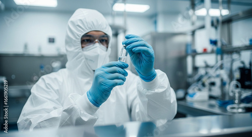 Scientist in Sterile Cleanroom Suit Inspecting Vial in Advanced Pharmaceutical Research Lab