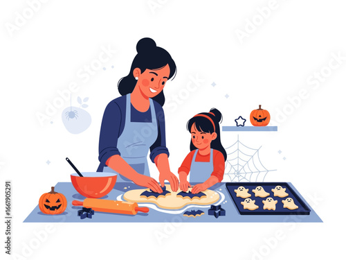 Family Halloween baking: A mother and daughter are joyfully baking together, cutting out cookie dough, celebrating a traditional fall holiday, decorating with pumpkins and spider webs.