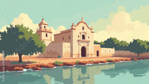 Laredo, Texas – Rio Grande bank with historic mission façade in warm sun, palette: adobe cream, river green, clay red, sun gold