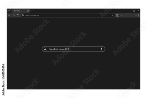 Browser web window template with search bar frames and buttons, website mockup for PC laptop in dark mode