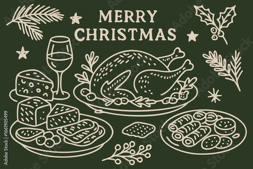 Christmas dinner table with elegant icons. Wine glass, assorted cheese, and charcuterie drawings. Perfect for new year invitations, cafe menus, and parties. Ink doodle vector poster with golden elemen