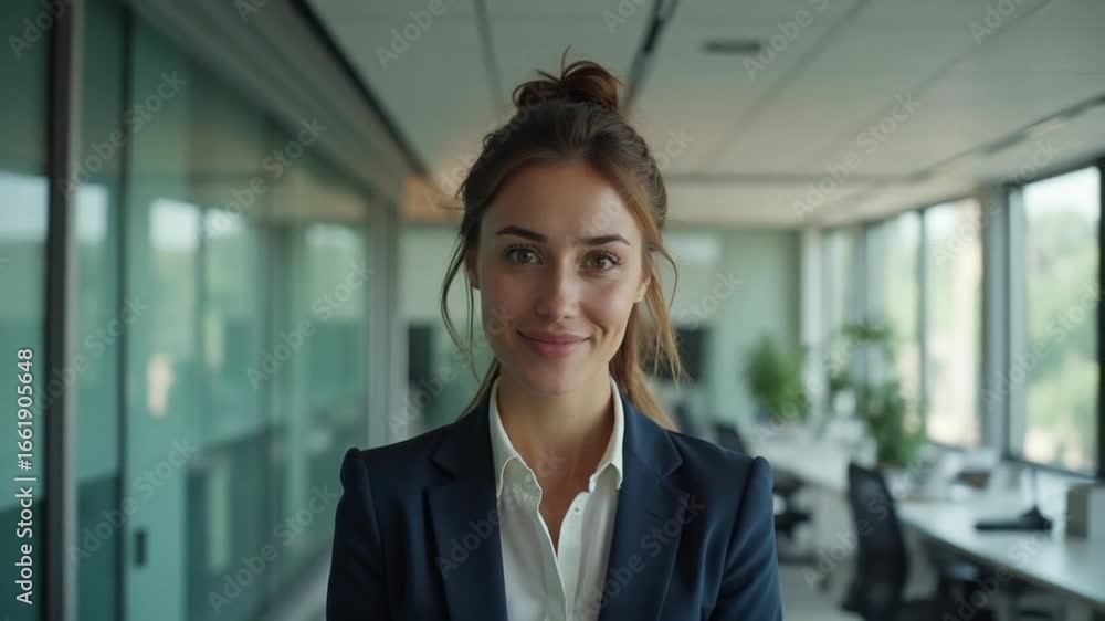 Confident Young Businesswoman Smiling in Modern Office Space Confident Young Businesswoman Smiling in Modern Office Space