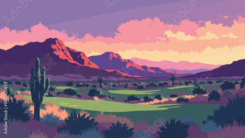 Glendale, Arizona – Camelback foothills and desert golf fairways at dusk, palette: rust red, turf green, sunbeige, twilight purple