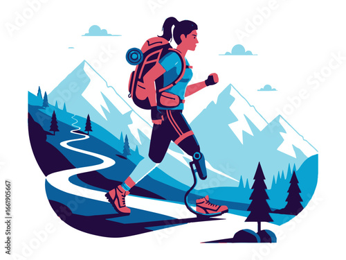 Unstoppable Hiker Ascends Mountain: A determined individual, with a prosthetic leg, fearlessly hikes a winding trail through a mountainous landscape, embracing the spirit of adventure. 