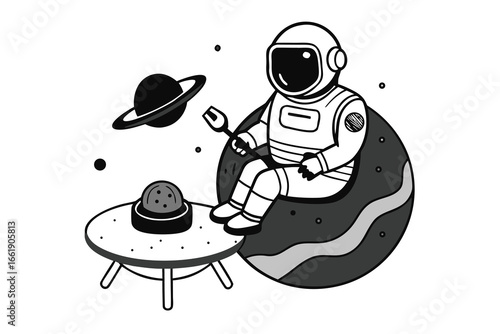 Astronaut Chilling on Planet with Spaceship Snack Table, Planet with Ring in Space