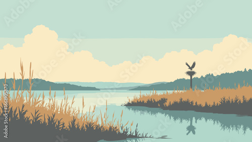 Chesapeake, Virginia – Chesapeake Bay shoreline marsh and osprey nest silhouette, palette: marsh gold, water teal, reed brown, sky silver