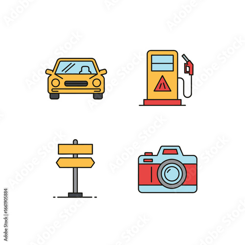 Planning a road trip adventure with car, gas, sign, and camera icons ready for your next travel story