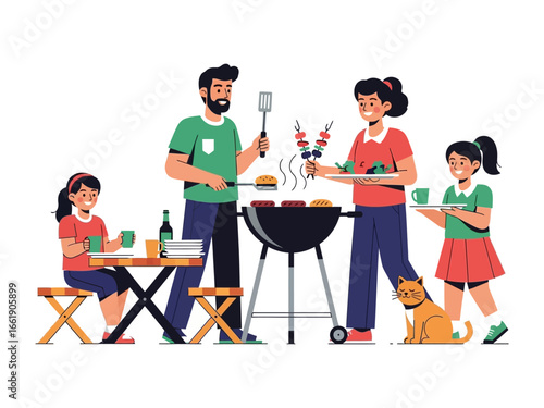 Family BBQ Fun: A family joyfully gathers around a grill, preparing delicious food. This illustration captures the essence of togetherness.