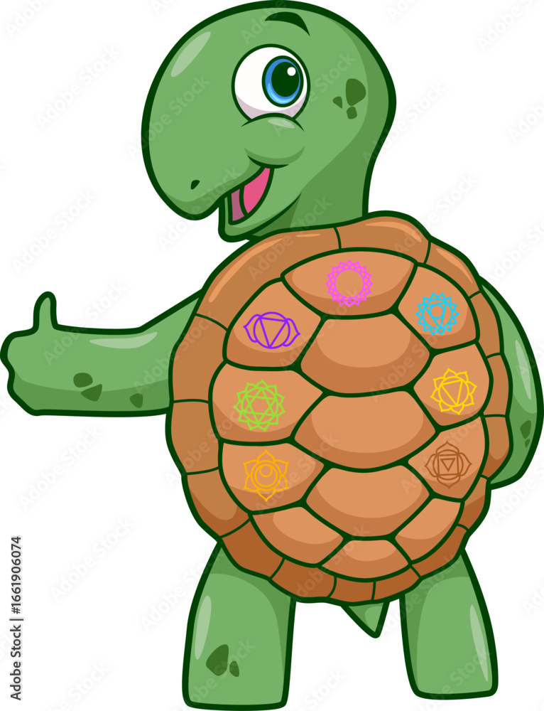 Fototapeta premium Cartoon Illustration einer grünen Schildkröte mit bunten Chakra Symbolen auf dem Panzer 