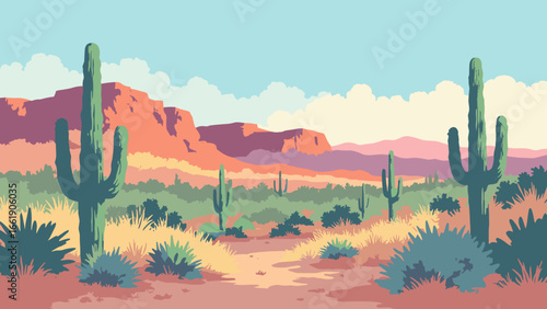 Scottsdale, Arizona – Desert scape with saguaro garden and red-rock ridgeline, palette: sandstone, cactus green, coral, sky blue