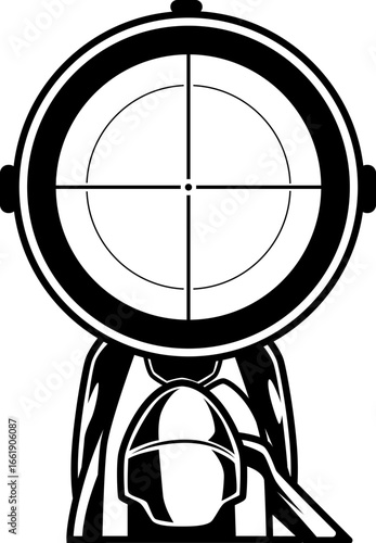 Schwarz-Weiß Illustration eines Zielfernrohrs mit Fadenkreuz, frontale Ansicht
