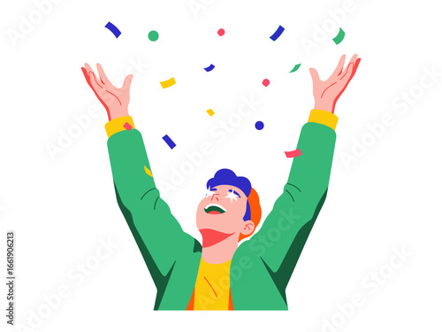 Joyful Celebration: A person with outstretched arms gazes upward, surrounded by confetti, conveying pure delight and elation in a vibrant artistic style.