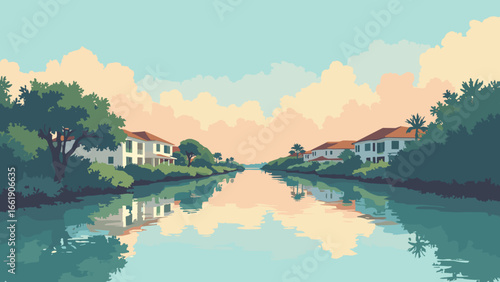 Cape Coral, Florida – Mangrove-lined canals and mirrored homes under calm sky, palette: canal teal, mangrove brown, stucco white, sky peach