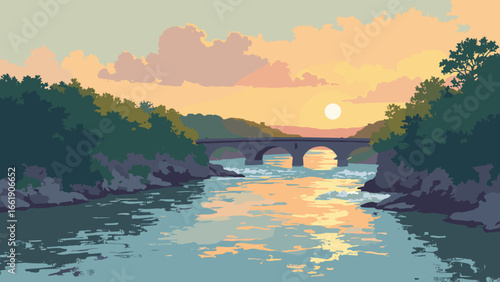 Richmond, Virginia – James River rapids and historic James River Park cliffs at sunset, palette: river bronze, cliff taupe, oak green, dusk gold