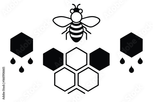 Black and White Featuring Bee Above Honeycomb with Honey Droplets, Isolated on White