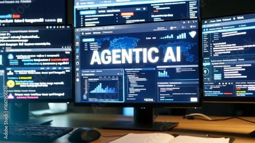 Agentic AI performs data analysis on multiple computer monitors in a high-tech control room environment.