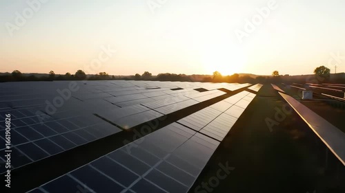 Wide cinematic 4K video shot of a vast solar panel field at sunset, showcasing rows of photovoltaic cells in warm, golden light against a clear sky, ideal for renewable