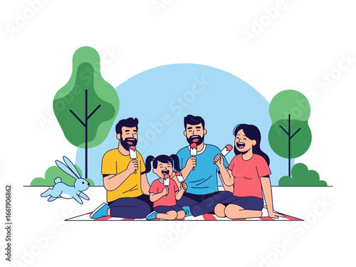Family Picnic Delight: A loving family revels in the simple pleasures of a picnic on a sunny day, complete with sweet ice cream and laughter that fills the air. 