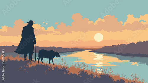 Wichita, Kansas – Keeper of the Plains bronze sculpture by river confluence at dusk, palette: rust bronze, river teal, soot gray, sunset amber