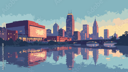 Cleveland, Ohio – Lake Erie shoreline with Rock and Roll Hall of Fame reflections, palette: lake blue, glass gray, brick red, twilight gold
