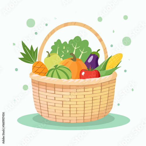 A wicker basket overflowing with a colorful assortment of fresh fruits and vegetables.