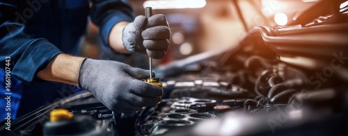 The mechanic performing maintenance on a car engine with precision tools.