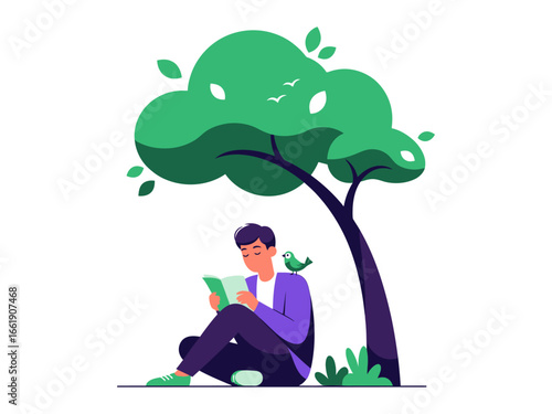 Solitude of reading: A person engrossed in a book, finds tranquility beneath the sheltering embrace of a tree, embodying a serene moment of solitary reflection and learning.