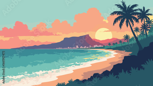 Urban Honolulu CDP, Hawaii – Waikiki shoreline with Diamond Head silhouette at dawn, palette: ocean teal, lava black, palm green, sunrise coral