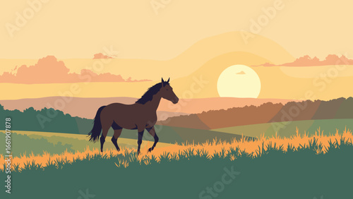 Lexington-Fayette, Kentucky – Bluegrass rolling pastures and thoroughbred silhouette at sunrise, palette: meadow green, saddle brown, sky peach, hay gold