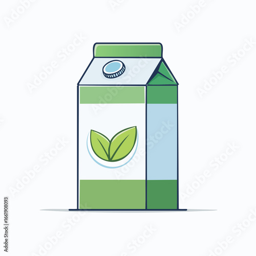 A carton of plant-based milk, illustrated with green leaves, sits against a white background.