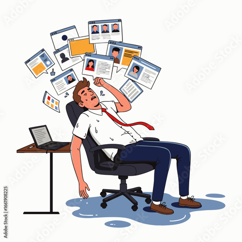 A visibly exhausted professional, slumped in an office chair, struggles with digital information overload, depicting severe stress and burnout.