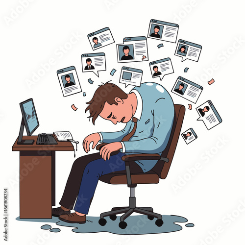 A fatigued professional slumps at his office desk, overwhelmed by a deluge of online profiles, vividly depicting the immense pressure and burnout of HR.