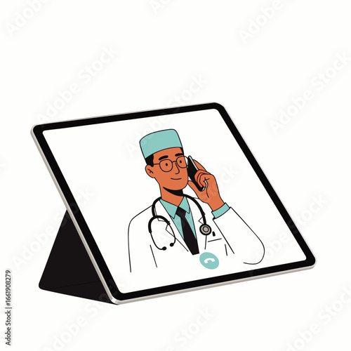 A modern tablet displays a male doctor conducting a virtual medical consultation, emphasizing convenient remote healthcare and digital communication for patients.