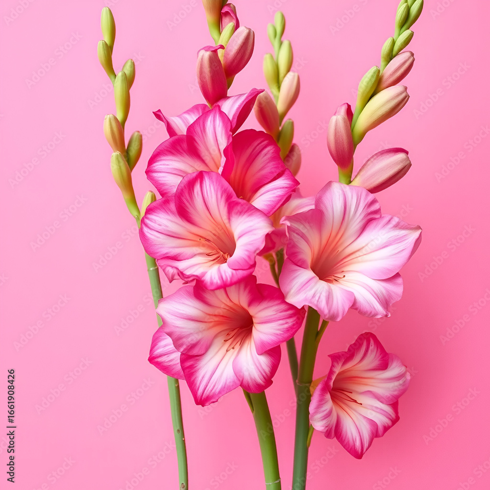 Fototapeta premium Beautiful gladiolus flowers on trendy pink background.