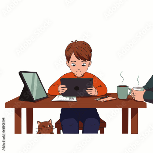 A focused young boy engages in remote learning at a wooden table, utilizing a digital tablet, with a curious cat observing and a warm drink nearby.