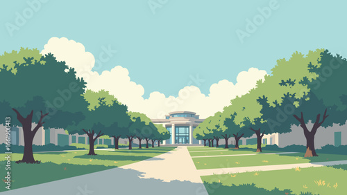 Irvine, California – Oak-lined greenbelt with geometric campus architecture, palette: sage, concrete gray, glass blue, blossom white