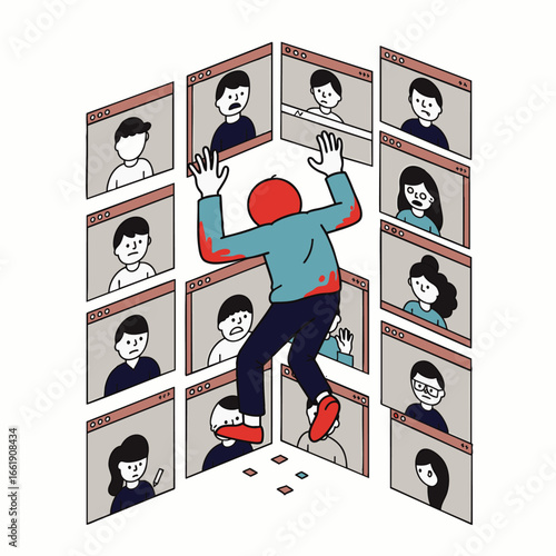 A person feels trapped and overwhelmed by an array of virtual meeting windows, vividly illustrating the intense pressure and isolation of constant digital connection.