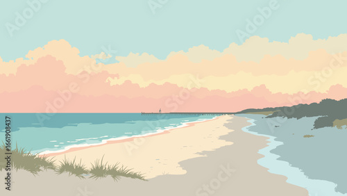 Corpus Christi, Texas – Mustang Island shoreline and bay inlet under pastel dawn, palette: seafoam, dune beige, pier gray, shell pink