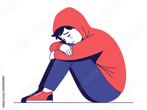 Solitary Reflection: A lone figure sits dejected, hoodie pulled up, embodying solitude, sadness, and the weight of unspoken struggles. The raw emotion.